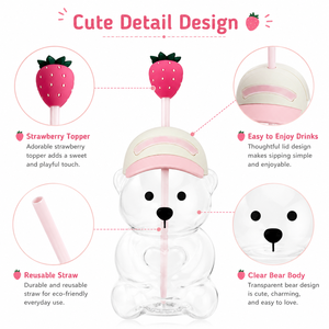 Copo de suco personalizado com logotipo, desenho animado fofo, garrafa de água com tampa rosa, portátil, reutilizável, com canudo de morango. - Product Image 3