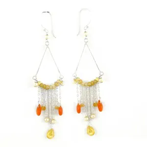 Boucles d'oreilles pendantes vintage plaquées or avec pierres précieuses jaunes et oranges, accents de perles d'eau douce pour femmes - Product Image 2