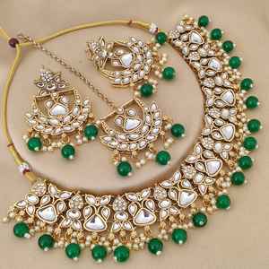 สร้อยคอทองเหลืองคุณภาพพรีเมียมประดับเพชรคันดัน พร้อมต่างหูและมงกุฎสำหรับผู้หญิง เหมาะสำหรับงานแต่งงานและโอกาสพิเศษ - Product Image 6