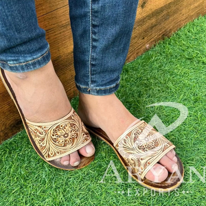 Western Style Real Handmade Genuine Tooled Leather Women Casual Comfort Flipflops Flat Flower Footwear <b>Open</b> Brown <b>Toe</b> Sandals - Product Image 1