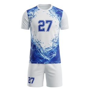 Conjunto de Uniforme de Fútbol Personalizado por Sublimación, Camiseta Blanca con Diseño de Salpicaduras de Agua Azul, Transpirable, para Entrenamiento y Deportes - Product Image 1