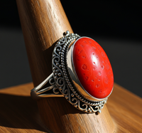Bague en pierres précieuses, corail rouge naturel, sertissage clos en acier inoxydable plaqué rhodium |   Bague bohème pour femme certifiée spiritual healing