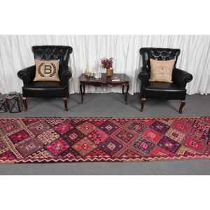 Vintage Kilim <b>Runner</b> Rug 3.1x13.1 ft (94x399 cm), Turkish <b>Red</b> Striped Wool Rug - Product Image 2