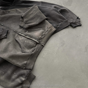 Sweat-shirt à capuche oversize pour homme en coton lourd, délavé à l'acide, à épaules tombantes, à fermeture éclair, streetwear en gros - Product Image 3