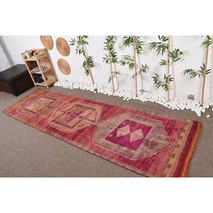 Tapis Vintage en Laine Écologique Rouge Rose Grande Surface 3.1X10.7 ft Pile Moyenne Motif Patchwork Géométrique pour Salle à Manger en Latex - Product Image 1