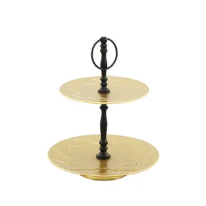 Round Embossed Golden Double Platter Metal Fruit Stand Display For Cake Luxury Wedding Tableware Desert Serving Cake Tool