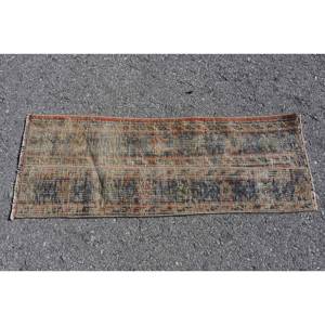 Alfombra de lana turca Vintage de 1,2x3,2 pies, tejido plano de retazos beige y azul para decoraciones de sala de estar con respaldo de látex - Product Image 3