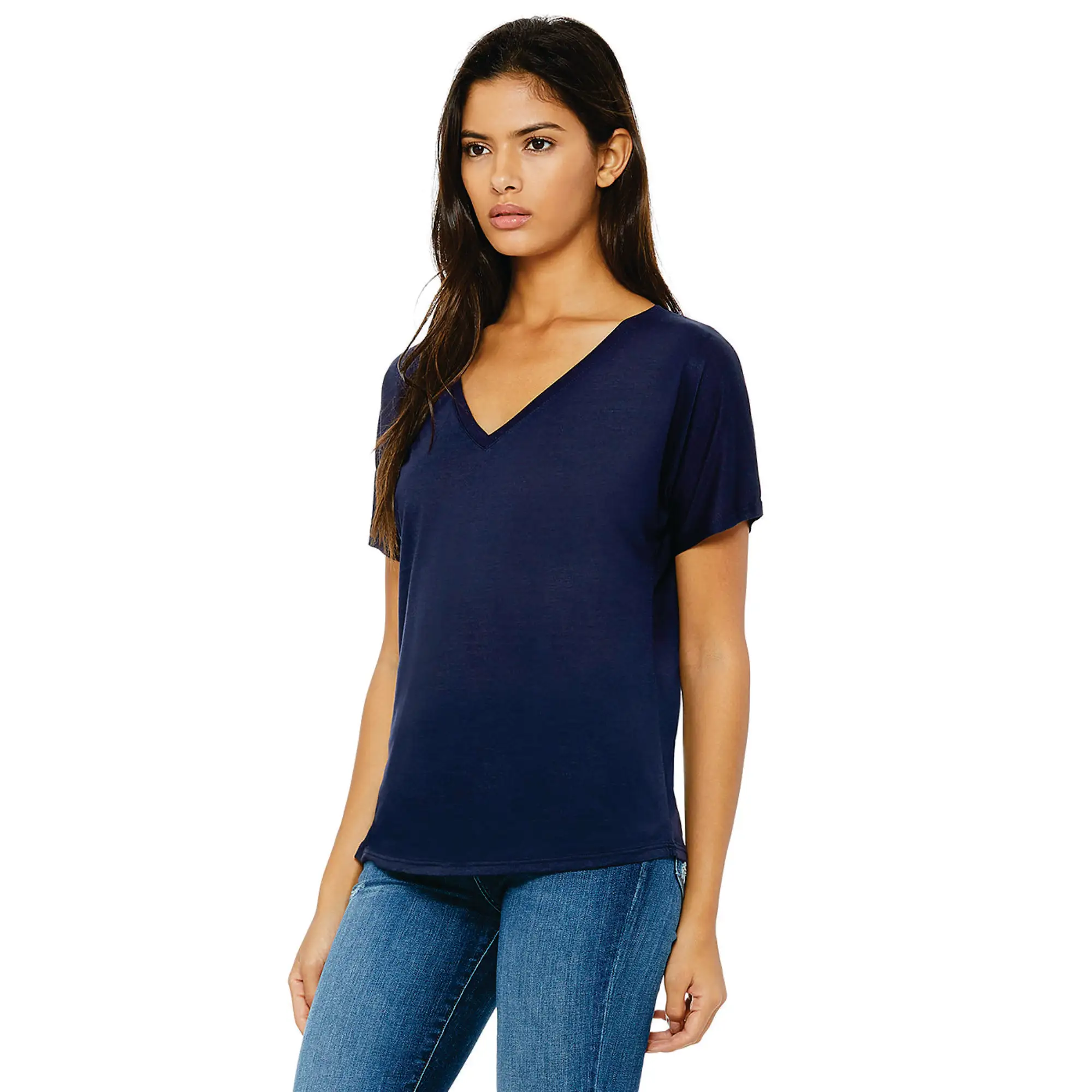 65% Poly 35% Viscose 32 Single 3.7 oz Navy Womens Slouchy V-Neck T-Shirt with Subtle Curved Bottom Hem Cotton