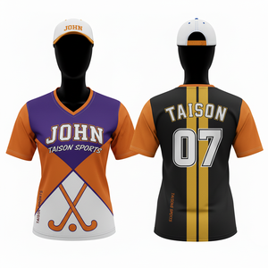 Jersey de Hockey sobre Césped para Mujer, Premium, 150 GSM, Transpirable, Poliéster, Diseño con Paneles en Morado, Naranja y Blanco, Sublimación, Logotipo Personalizado del Equipo - Product Image 1