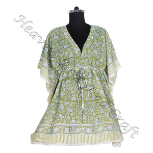 100% coton femmes vêtements de nuit main bloc imprimé caftan robe KFCS066 poids léger femmes décontracté Occasion porter courte Caftan robe - Product Image 5