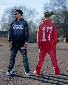 Conjunto Deportivo de Invierno para Hombre, Transpirable, con Estampado Puff, Sudadera con Capucha y Pantalones Deportivos Acampanados, Estilo Vintage Desgastado - Product Image 1