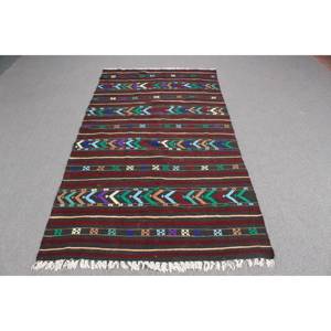 Vintage Turkish Kilim Rug 4.1x8 ft (125x245 cm), <b>Brown</b> Solid <b>Wool</b> Rug - Product Image 1
