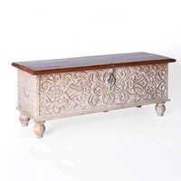 Banc de rangement en bois sculpté avec couvercle à charnières Classique - Meubles en teck massif Jodhpur Inde