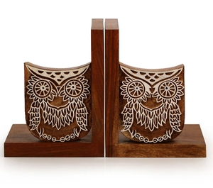 Fin de livre de hibou gravé à la main en bois de sheesham serre-livres d'échecs décoratifs pour étagères serre-livres 2pack organisateur en bois robuste - Product Image 6