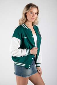 2023 chaqueta universitaria de lana para mujer, venta al por mayor, diseño de letras personalizado con decoración bordada, cuello levantado - Product Image 4