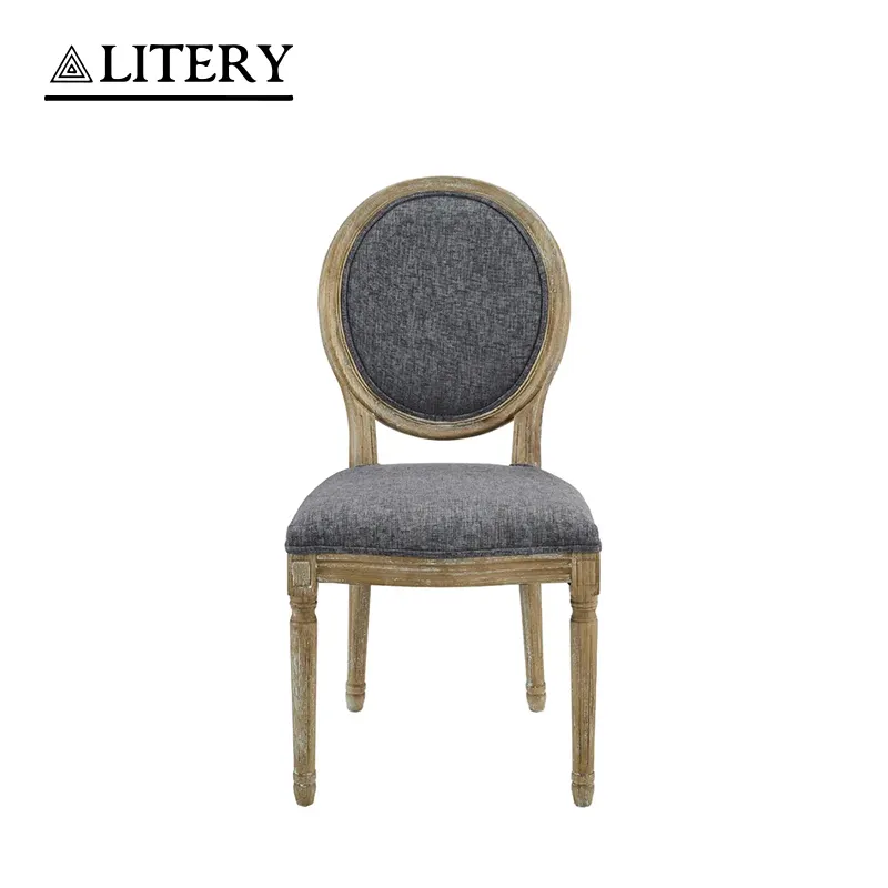 Vintage ahşap çerçeve ve yuvarlak arka tasarımı ile fransız ülke tarzı döşemeli yemek sandalyesi