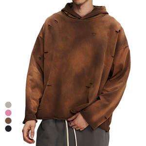 Venta al por mayor 450GSM Men's Monkey Wash Ripped Acid Wash Hoodie Hole Distressed French Terry Retro Sudadera con capucha de gran tamaño para hombres - Product Image 1