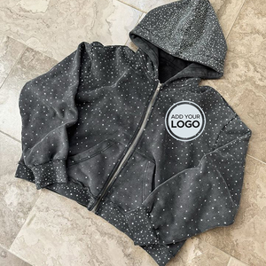 Ringstones impression personnalisée mode sweat à capuche 100% coton lourd lavage à l'acide Vintage français éponge pleine fermeture éclair à capuche - Product Image 1