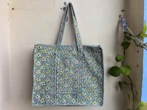 Bolso grande de algodón acolchado con volantes, ecológico, sostenible, resistente, para compras de comestibles, hecho a mano, bloque Vintage impreso Boho - Product Image 5