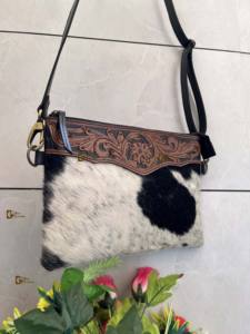 Western Bohemian Style Cowhide Leather Handtooled Sling Bag Unisex Zipper Closure with <b>Nylon</b> Lining Hot Selling Handmade <b>Handbag</b> - Product Image 3