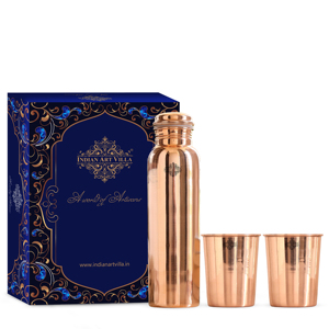 IndianArtVilla Pure Copper Plain Shine Finish Drinkware Set with <b>Bottle</b> & 2 Glasses in Royal Blue Box for Storage & Drinking - Product Image 1