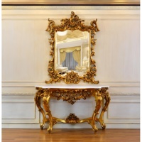 Ensemble console et miroir en bois massif acajou doré antique, écologique, durable, de luxe, fait main, style Mid-Century Modern pour chambre à coucher