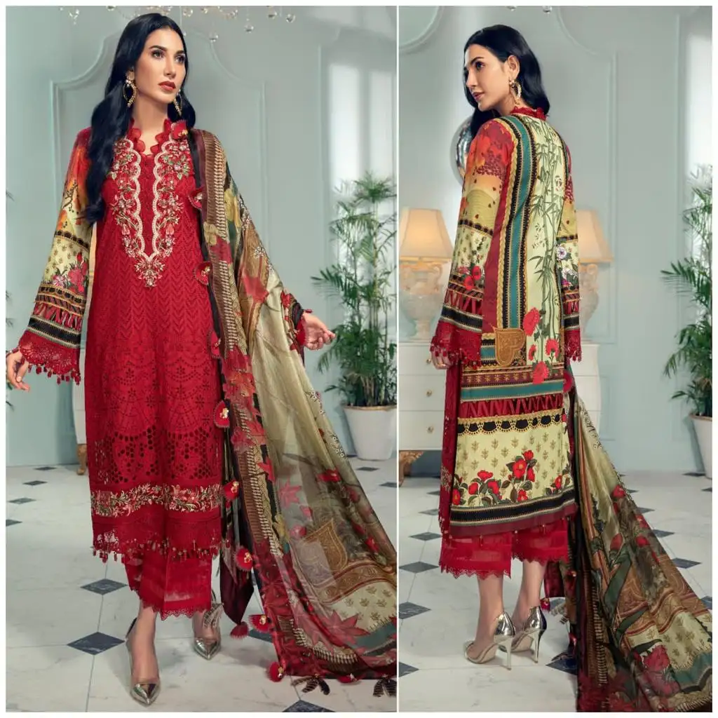 Georgette-traje de 3 piezas de lino y algodón para mujer, traje de diseño de moda, indio, paquistaní, para césped, precio al por mayor