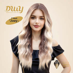 Zoey-DWY <b>Long</b> Wavy Synthetic <b>Wig</b> with T-Part Lace Front for Ombre Blonde Color Light Brown Lace - Product Image 1