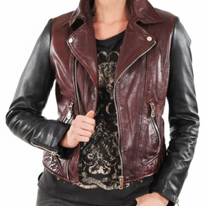 Elegante chaqueta de motorista de cuero negro y marrón para mujer, abrigo de moda de motocicleta ajustado, ropa de abrigo moderna de calidad Premium - Product Image 1