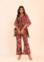 Ensemble long 2 pièces en lin imprimé floral pour femme Kaori, avec haut à manches longues et pantalon au-dessus du genou - Écologique et respirant