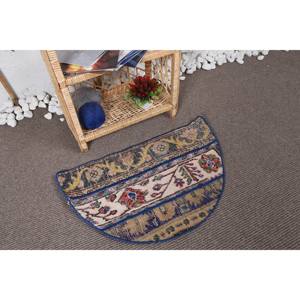 Alfombra de látex y lana azul clásica vintage hecha a mano, ecológica, con patchwork, 2.5 x 1.5 pies, semicircular, de pelo medio, para comedor. - Product Image 2