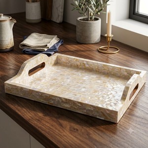 Bandeja Rectangular para Servir con Incrustaciones de Madreperla y Asas, Diseño Moderno Decorativo para Uso en Mesa, Bodas - Product Image 1
