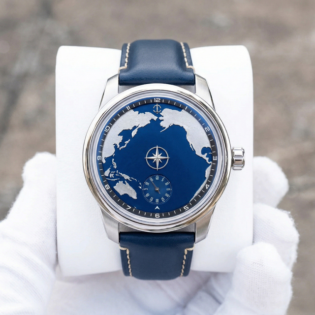 Automatic Mechanical Watch Wandering Hour 8215 Modified Movement World Map Relief dials Design 316L Steel Leather Wristwatch OEM