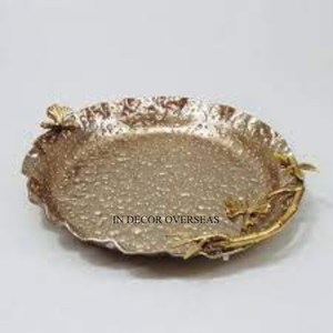 Plateau de service de chocolats et de dattes plaqués or de haute qualité en métal de qualité luxueuse de forme ronde avec des feuilles argentées brillantes de créateur - Product Image 3