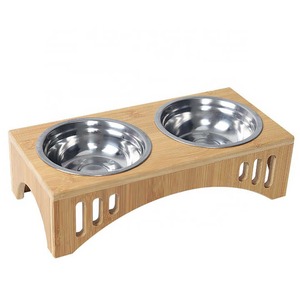 Vente en gros de bols écologiques pour chats et chiots avec support en bambou bols surélevés pour animaux de compagnie en acier inoxydable - Product Image 1