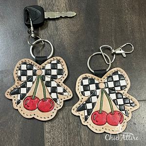 2026 Trending Handcrafted Checkered Leather Bow Cherry Design Keychain Real Leather Souvenir Gift Fashion Bag Charm For Women - Product Image 1