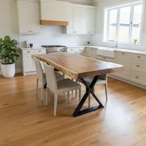 Mesa de Comedor de Madera Maciza de Monkey Pod/Suar, Ecológica, Duradera, con Borde Natural, Patas de Acero en Forma de X, para Hogar, Hotel, Restaurante, Personalizable - Product Image 3