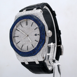 Tùy Chỉnh Thực hiện Người Đàn Ông Của Moissanite Kim Cương Đồng Hồ Da Màu Đen Ban Nhạc Fancy Quay Số Thép Không Gỉ Analog Hiển Thị Glass Cho Đảng Mặc - Product Image 3