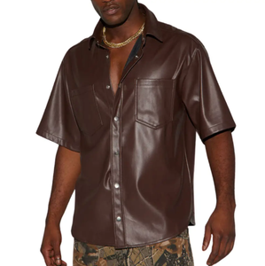 Camisa de Cuero PU con Cremallera y Mangas Cortas para Hombre, de Alta Calidad, con Parche Bordado, Estilo Urbano para Invierno - Product Image 2