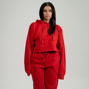 Conjunto de chándal de invierno para mujer al por mayor, 100% de algodón Top corto, forro polar sólido, logotipo personalizado, conjunto largo de 2 piezas teñido liso - Product Image 2