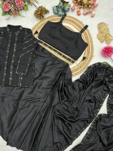 Trending Satin Silk Ready-to-Wear Saree con bordado Trabajo Koti Blusa Totalmente cosida para el verano - Product Image 6