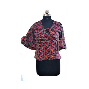2023 Top de algodón Popular para mujer con cintura Smocking Casual estampado temporada de verano tela tejida al por mayor de proveedor indio - Product Image 5