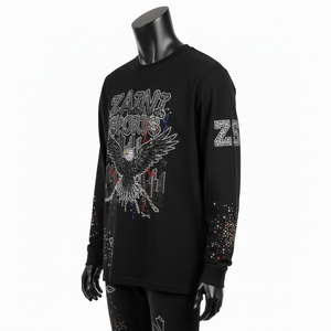 Camiseta de manga larga de algodón jersey de alta calidad, tela negra lisa, logotipo de pedrería termoadhesivo, camiseta de manga larga para hombre - Product Image 5