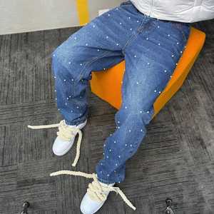 Antique Baggy <b>Jeans</b> for <b>Men</b> Customized <b>High</b>-<b>Waist</b> Rhinestone Logo Breathable Solid Metal Stud Gem Trousers for Spring Winter - Product Image 4