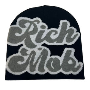 Venta al por mayor de sombreros de punto de invierno personalizados hechos en acrílico unisex All Over Puff Print Jacquard Skully Beanies transpirable personalizado - Product Image 3