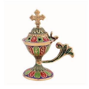 Quemador de incienso de latón decorativo con diseño personalizado pintado a mano con Cruz en la parte superior - Product Image 4