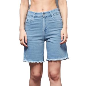 Shorts en jean vintage taille haute pour femme, coupe droite, bleu clair, imperméables, avec ourlet décontracté en coton, pour l'été - Product Image 2