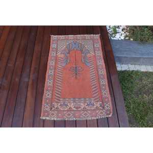 Vintage Turkish Rug 2x3.3 ft, <b>Red</b> Abstract <b>Wool</b> Rug - Product Image 1
