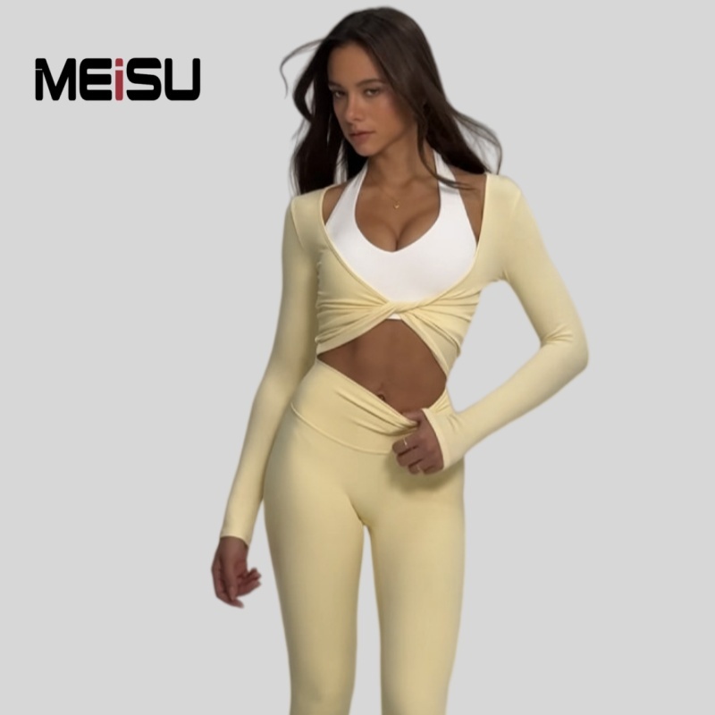 Custom Logo Slim Fit Cover up Style Gym Wear Quick Dry Workout V Back Yoga Top Breathable Women Deep V Neckline Long Sleeve