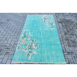 Alfombra Turca Vintage, Alfombra de 3.7x6.7 pies, Alfombra de Lana Sólida Azul y Blanca - Product Image 1